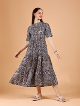 Black Round Neck Poly Rayon Printed Dress With Cuff Sleeve